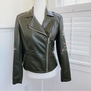 INC International Concepts Olive Green Faux Leather Floral Embroidered Jacket